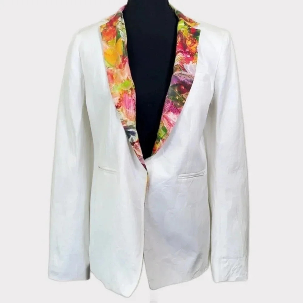 Club Monaco Casual Floral Printed Hook And Eye Closure  White Blazer